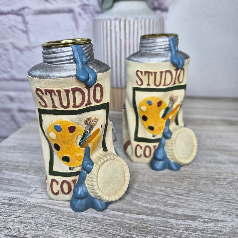 Vintage 90s Figi Graphics Paint Tube Taper Candle Holders Set Art Studio Decor